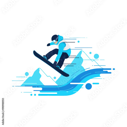Snowboarder Jumping Over Mountains with Blue Graphic Elements, Winter Sport Action