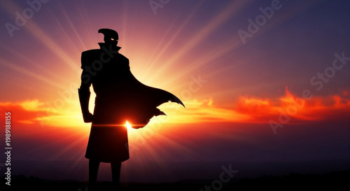 Silhouette of a superhero standing against a dramatic sunset symbolizing power and hope perfect for concept art and motivational graphics