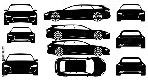 Set of Black Car Silhouettes: Front, Side, Rear, and Top Views