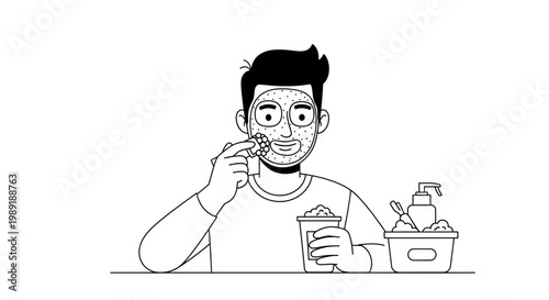 Person applying facial mask skincare routine hygiene monochrome illustration