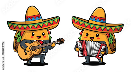 Funny taco cartoon characters dressed as mariachi musicians with sombreros and instruments celebrating Mexican Cinco de Mayo fiesta.