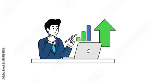 Professional businessman analyzing financial data and charts on a laptop, demonstrating successful market growth and strategic business development for future prosperity