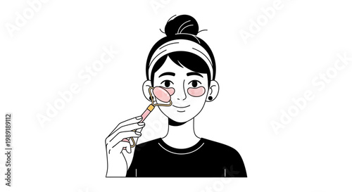 Woman using facial roller illustration wellness skincare routine beauty treatment
