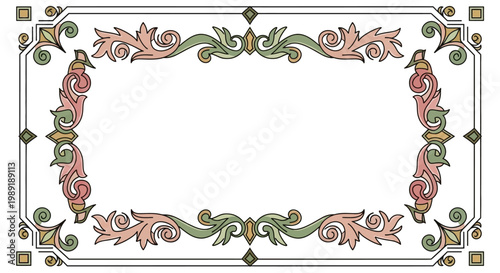 Beautifully crafted vintage-inspired decorative frame in pastel hues, featuring intricate scrollwork and floral motifs, ideal for elegant invitations, labels, and traditional design elements