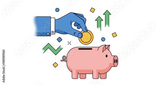 A hand putting a coin into a pink piggy bank with arrows and graphs