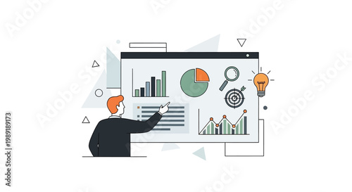 Strategic business intelligence and data analysis illustration, showcasing insightful reporting, market research, and problem-solving for enhanced organizational performance
