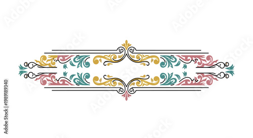 Elegant ornate horizontal vector graphic divider featuring intricate scrollwork and floral patterns in vintage gold, teal, and pink hues, ideal for classic design projects and decorative accents