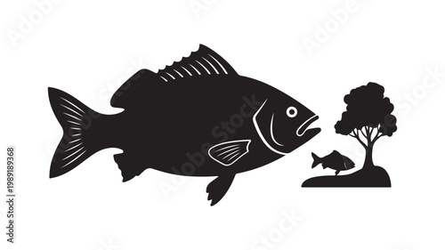 Minimalist black fish silhouette vector, aquatic animal icon with small island and tree, simple nature wildlife illustration for logo design