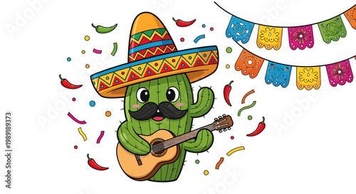 Playful cartoon cactus wearing a traditional sombrero and playing guitar surrounded by festive decorations for Cinco de Mayo celebration. Bright colorful Mexican fiesta themed vector illustration.