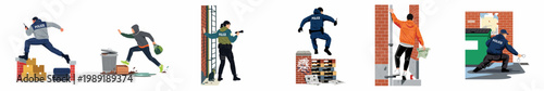Vector illustration set of police officers chasing suspects through urban alleys, featuring high-action scenes with obstacles, handcuffs, and dark city environments.