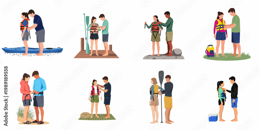 Fototapeta premium Illustration collection of couples preparing for water sports, featuring men helping women put on life jackets in various scenic outdoor locations.