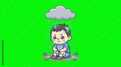 Sad Little Boy Crying Under the Rain with Cloud