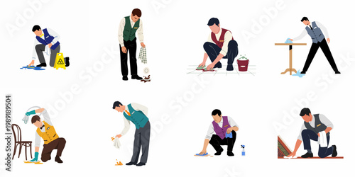 Set of Illustrations of Male Waiters and Professional Staff Cleaning Various Spills, Messes, and Stains in a Restaurant Setting.