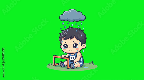 Sad Cartoon Hurdler Under Rain