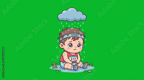 Sad Runner Sitting Under Rain Cloud Cartoon Style