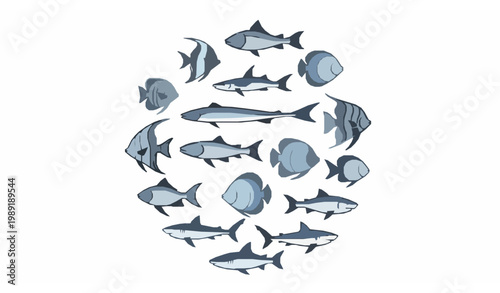 Decorative fish vector icon set with marine species silhouettes and tropical aquatic design collection