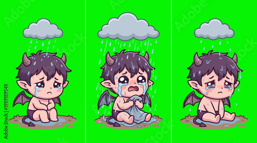 Sad Little Demon Crying Under the Rain