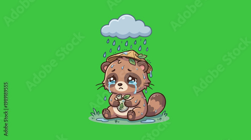 Sad Cartoon Tanuki Under the Rain Green Background