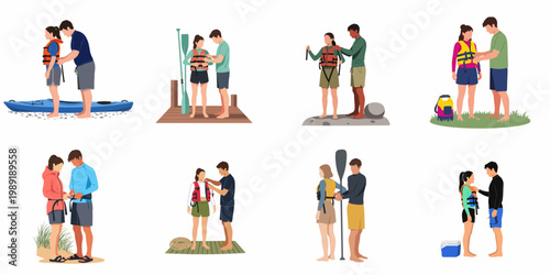 Illustration collection of couples preparing for water sports, featuring men helping women put on life jackets in various scenic outdoor locations.