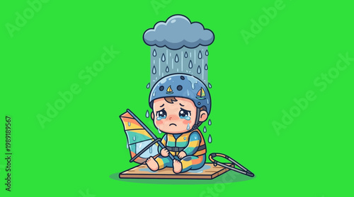 Sad Cartoon Windsurfer in the Rain on a Green Screen
