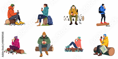 Collection of hikers and trekkers resting and eating chocolate bars for energy during their outdoor adventure.