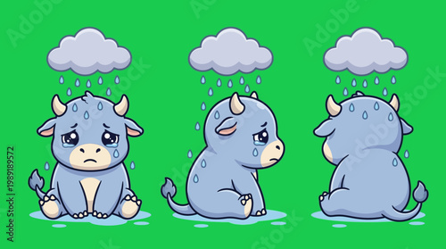 Cute Blue Cartoon Bull Character Crying in the Rain