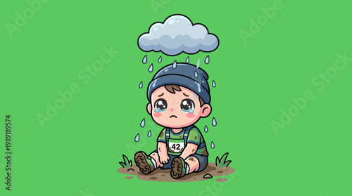 Sad Cartoon Boy Under a Rain Cloud