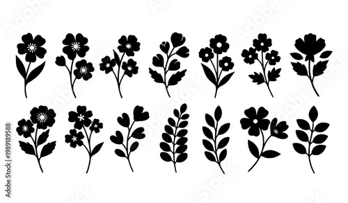 Black silhouette floral vector set with flowers and leaves botanical collection elegant decorative design