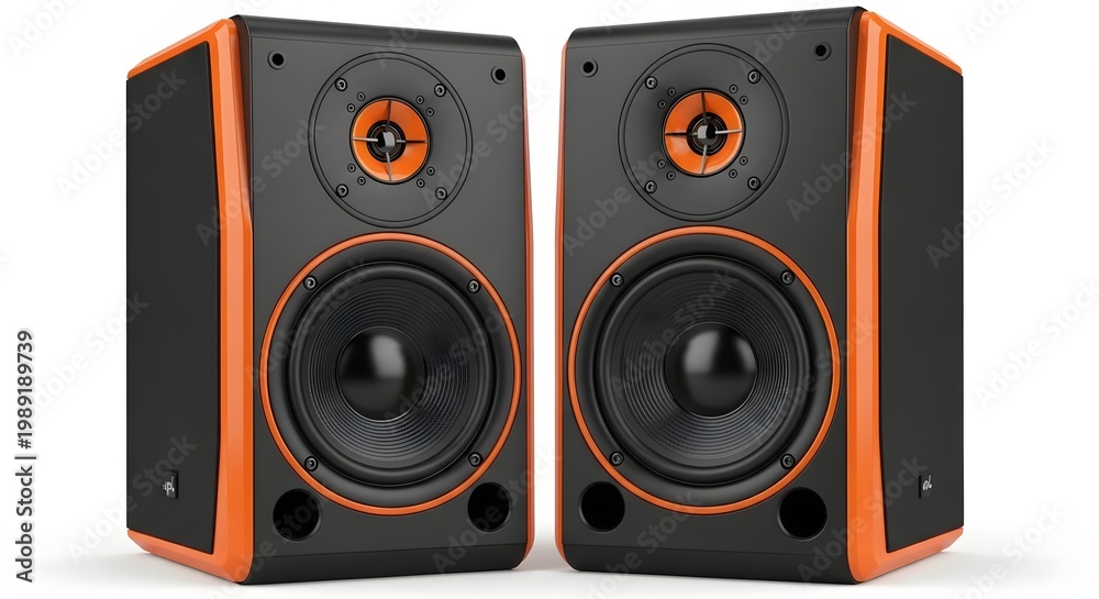 Fototapeta premium Pair of modern black and orange studio monitor speakers for audio production.