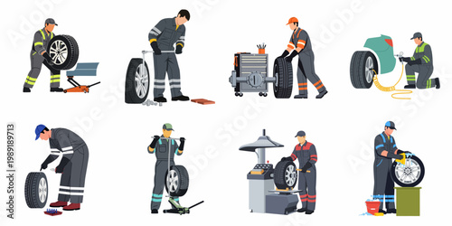 Collection of vector illustrations depicting professional mechanics providing various tire maintenance and repair services at an automotive service station or garage.