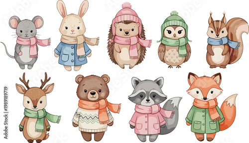 Cute cartoon winter woodland animal vector collection featuring bear fox deer bunny owl and hedgehog wearing cozy clothes.