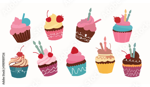Playful colorful cupcake vector set with cherries sprinkles and candles festive birthday dessert illustration