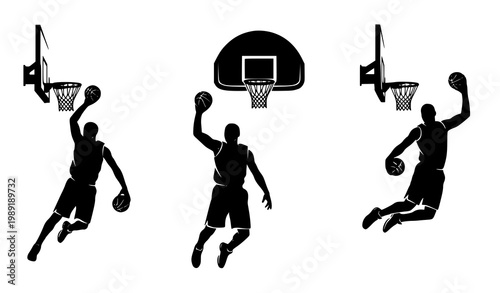 Basketball player slam dunk silhouettes vector set with multiple dunking angles sports action illustration