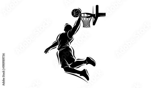 Basketball slam dunk action silhouette vector illustration dynamic sports player mid air dunk pose