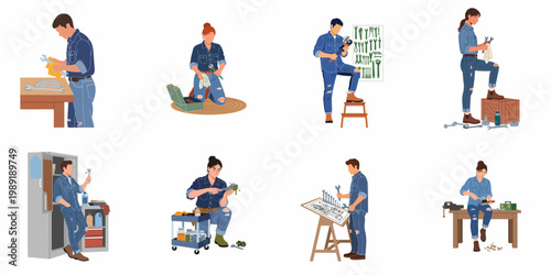 Set of flat vector illustrations depicting male and female mechanics and handymen working with various tools in a workshop environment.