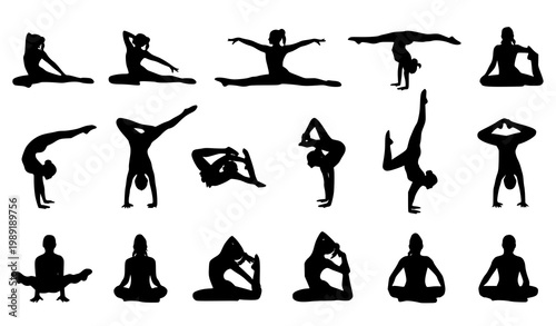 Gymnasts performing splits handstand and yoga poses silhouette vector set flexibility fitness illustration