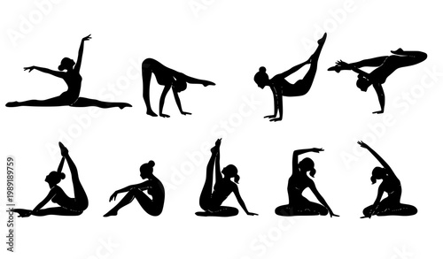 Gymnastics and yoga flexibility poses silhouette vector flow illustration splits handstand and stretching