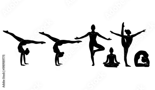 Gymnastics silhouette vector set with splits handstand and yoga poses fitness flexibility illustration collection