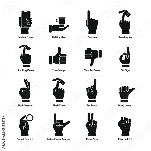 Hand gestures and signs in black on white background
