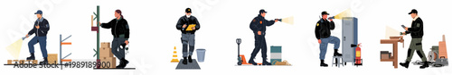 Set of security guards and night watchmen patrolling industrial warehouse environments with flashlights, radios, and clipboards in a flat illustration style.