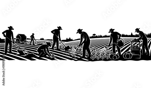 Farmers agriculture silhouette vector farming workflow planting watering harvesting rural field scene illustration