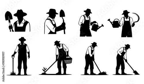 Farmers silhouette vector set with gardening tools agriculture planting and harvesting rural farming illustration