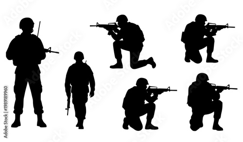 Soldier silhouettes with rifles military tactical pose vector set army combat stance illustration collection
