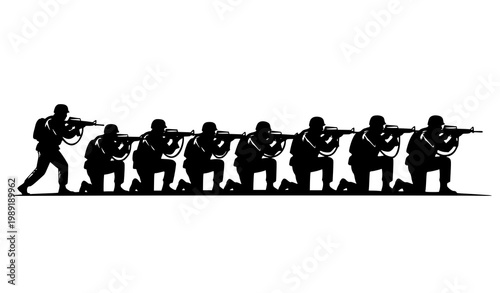Military soldier silhouettes vector formation with rifles tactical army unit poses action illustration set