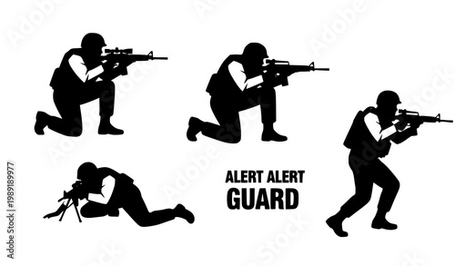 Soldier tactical silhouettes with rifles vector set military action poses combat readiness illustration