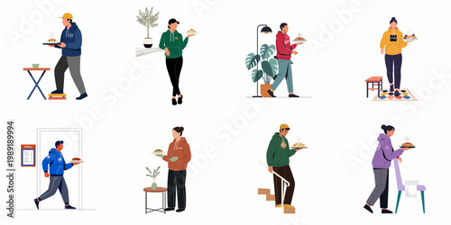 Flat vector illustration set of diverse people in hoodies carrying hot food plates, representing food delivery, restaurant service, and modern dining concepts.