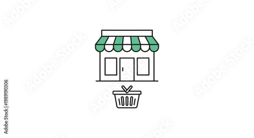 A simple line drawing of a storefront with a shopping basket.