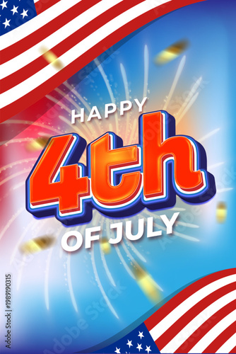 Happy 4th of july independence day celebration poster design with american flag and fireworks