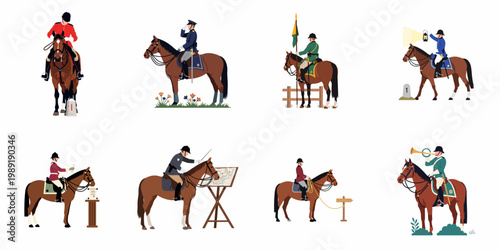 Collection of historical military cavalry illustrations featuring soldiers in various uniforms on horseback, performing ceremonial and tactical duties, isolated on white.