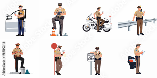 Set of highway patrol officers in various situations like traffic stops, writing tickets, and checking IDs, isolated on white background.